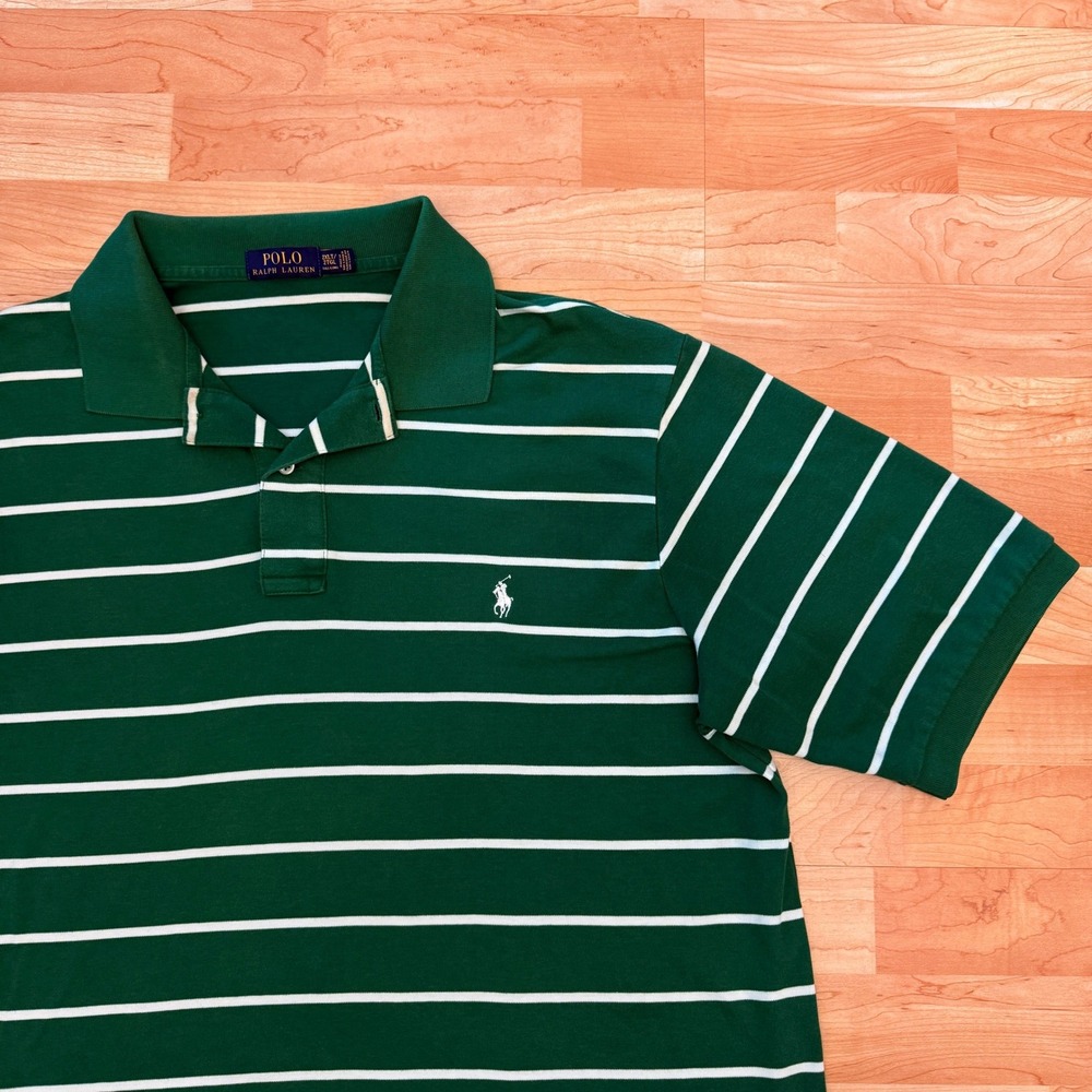 Vintage Polo Ralph Lauren Mens 2XLT Green White Striped Short Sleeve Polo Tall